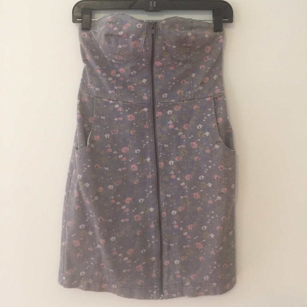 Floral Denim Strapless Zip-up Dress